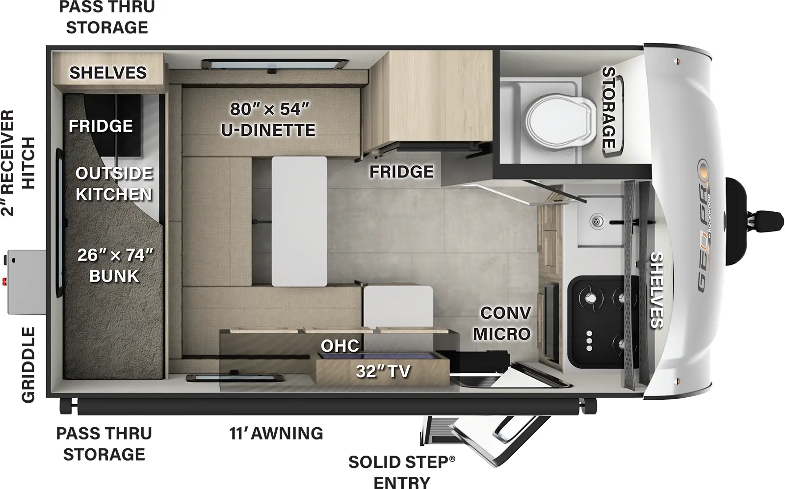 The Rockwood Geo Pro G15RDG has one entry and zero slide outs. Exterior features include: fiberglass exterior and 11' awning. Interiors features include: bunk beds and u-dinette.